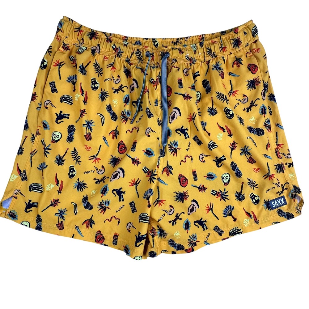 Saxx Oh Buoy 2N1 Volley 5" Swim Shorts Mens XL Yellow Tropical Aloha Skull Print